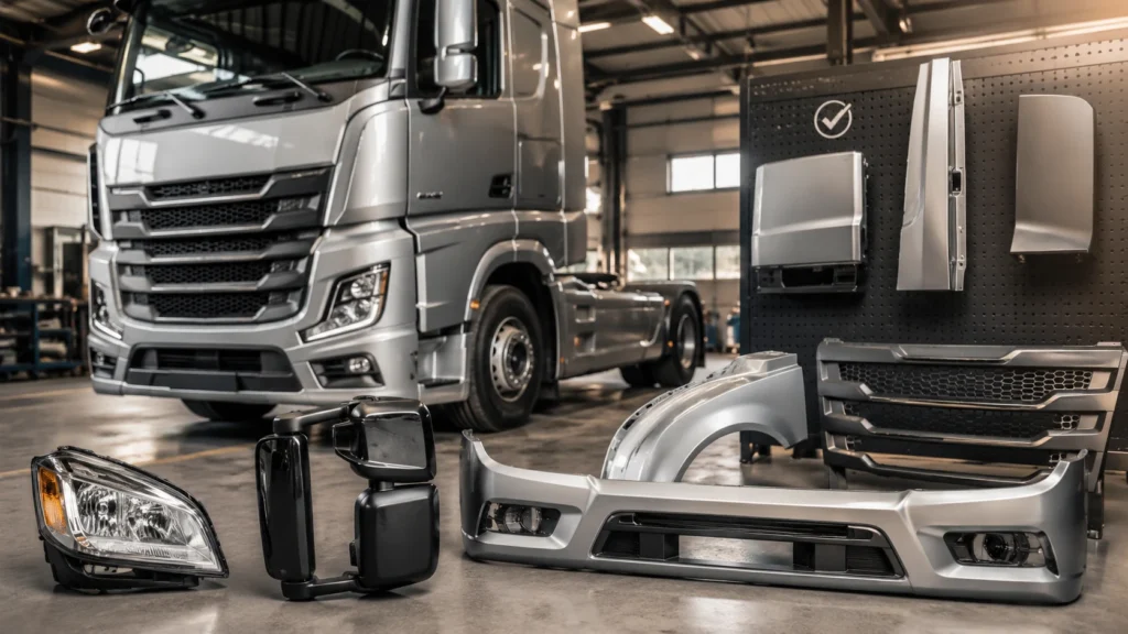 Ricambi carrozzeria camion con fari, specchi e paraurti in officina
