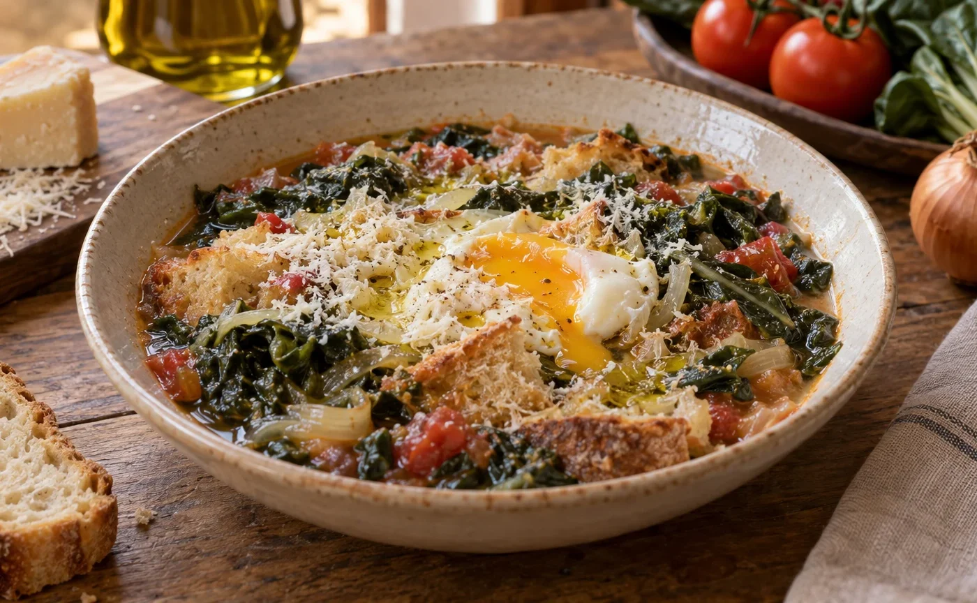 Acquacotta toscana con uovo morbido, pane raffermo, bietole e pecorino