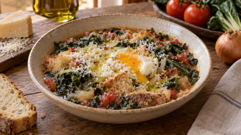 Acquacotta toscana con uovo morbido, pane raffermo, bietole e pecorino