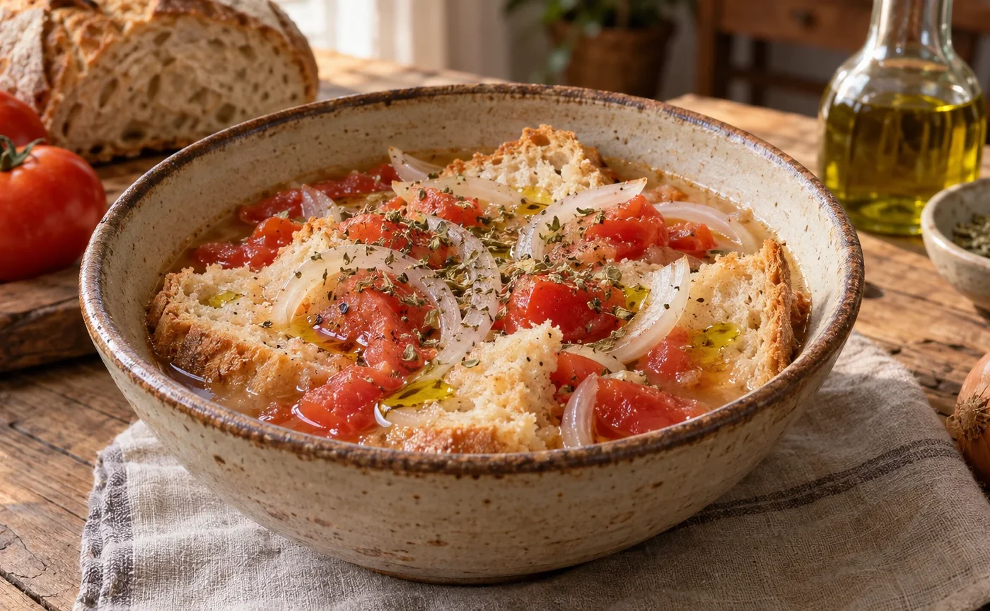 Acquasale lucana servita in una scodella di ceramica con pane raffermo, pomodori e cipolla