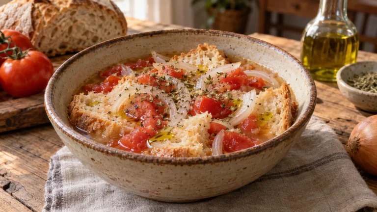 Acquasale lucana servita in una scodella di ceramica con pane raffermo, pomodori e cipolla