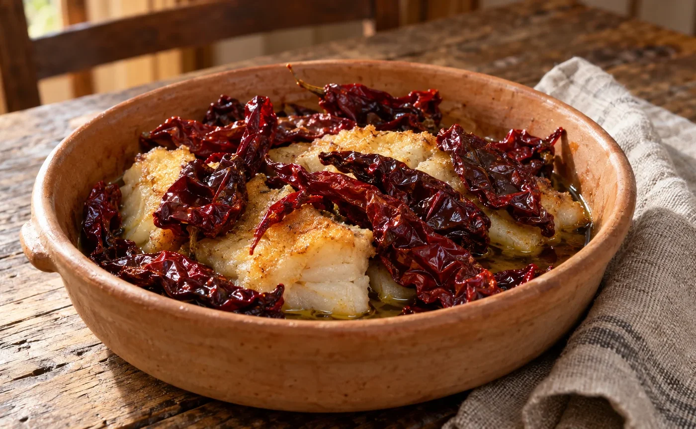 Baccalà alla lucana servito con peperoni cruschi croccanti