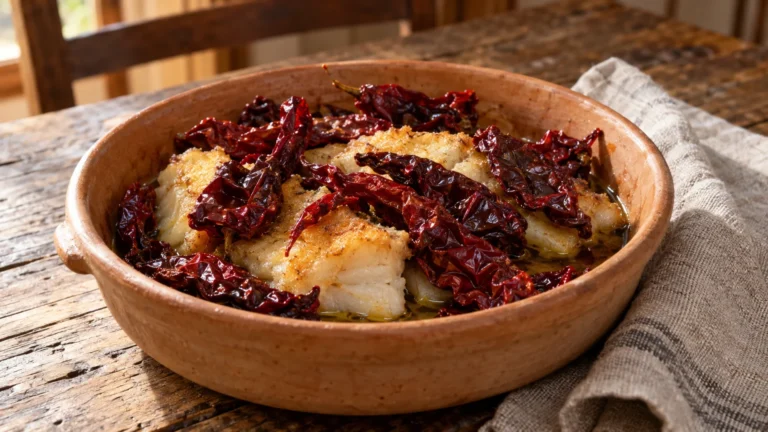 Baccalà alla lucana servito con peperoni cruschi croccanti