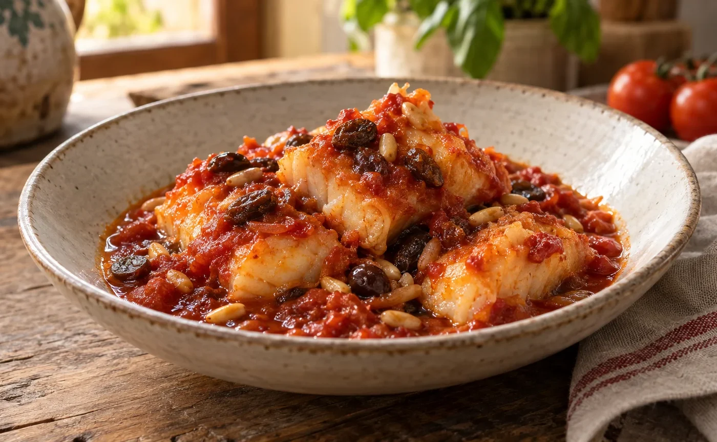 Baccalà alla romana nel sugo di pomodoro con uvetta e pinoli