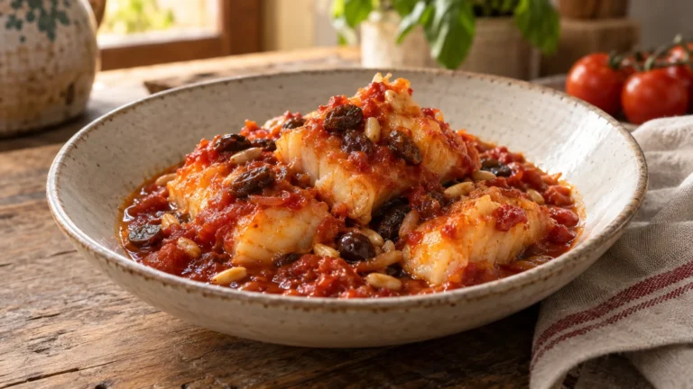 Baccalà alla romana nel sugo di pomodoro con uvetta e pinoli