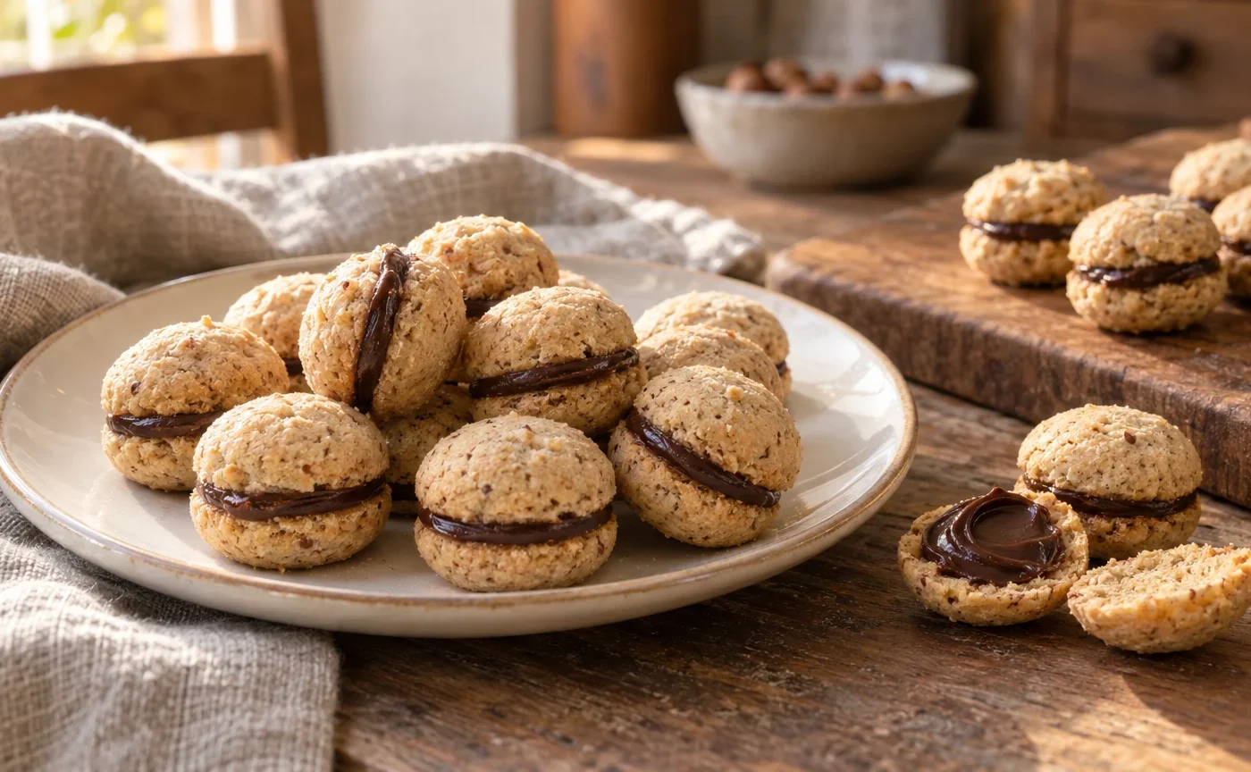 Baci di dama piemontesi alle nocciole uniti da cioccolato fondente su un piatto di ceramica