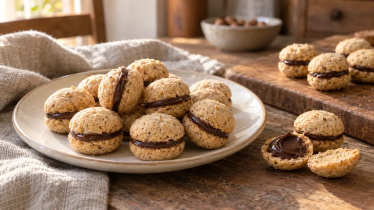 Baci di dama piemontesi alle nocciole uniti da cioccolato fondente su un piatto di ceramica