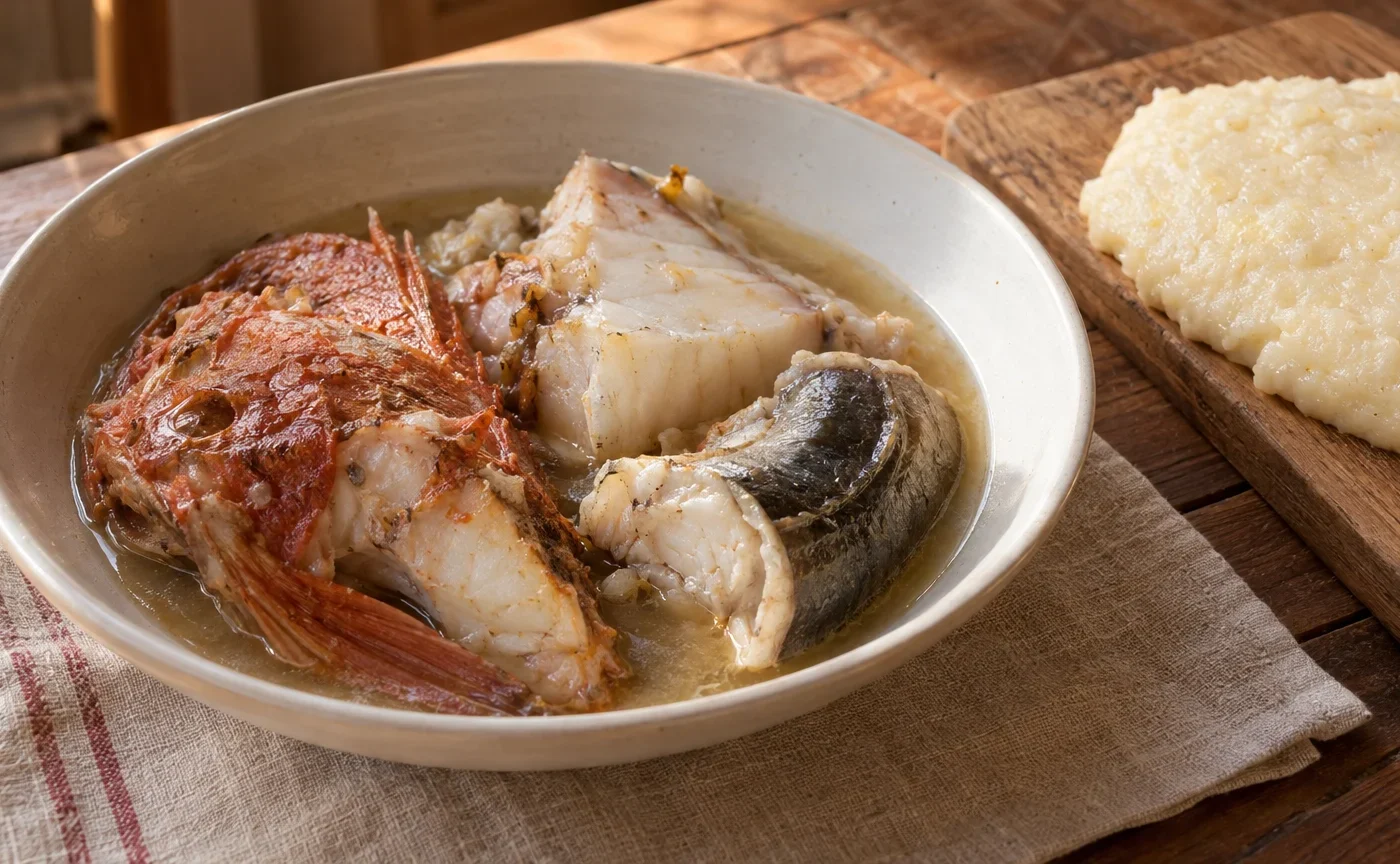 Boreto alla graisana con tranci di pesce e polenta bianca servito in un piatto fondo