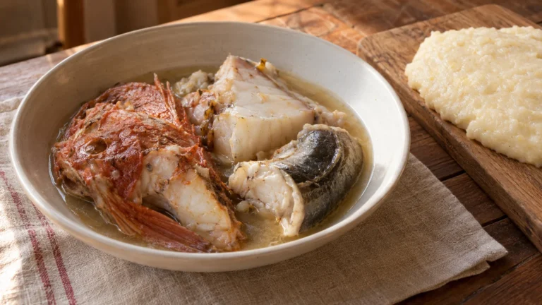 Boreto alla graisana con tranci di pesce e polenta bianca servito in un piatto fondo