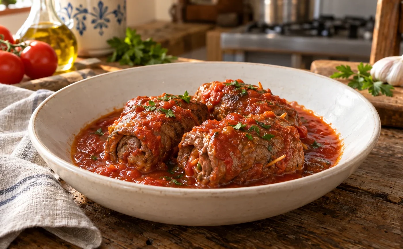 Braciole pugliesi al sugo servite in un piatto di ceramica con salsa di pomodoro