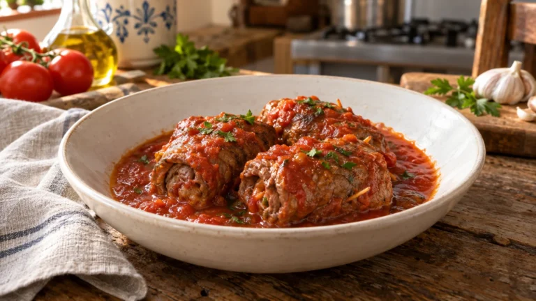 Braciole pugliesi al sugo servite in un piatto di ceramica con salsa di pomodoro