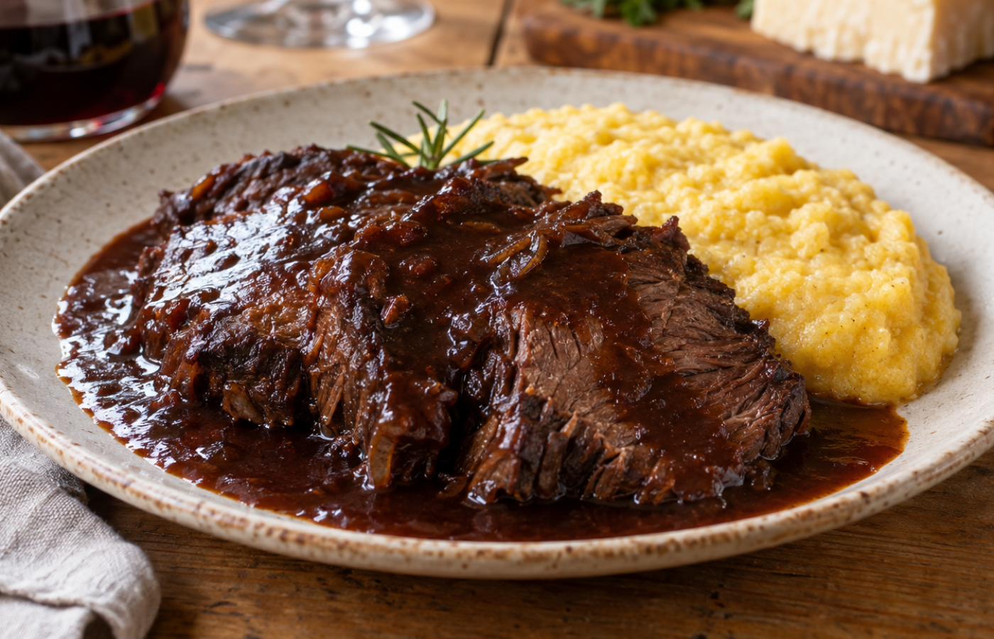 Brasato al Barolo piemontese affettato e servito con salsa al vino rosso