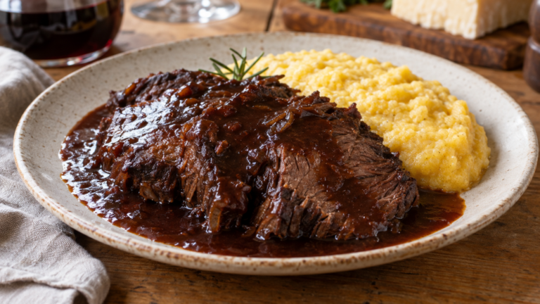 Brasato al Barolo piemontese affettato e servito con salsa al vino rosso
