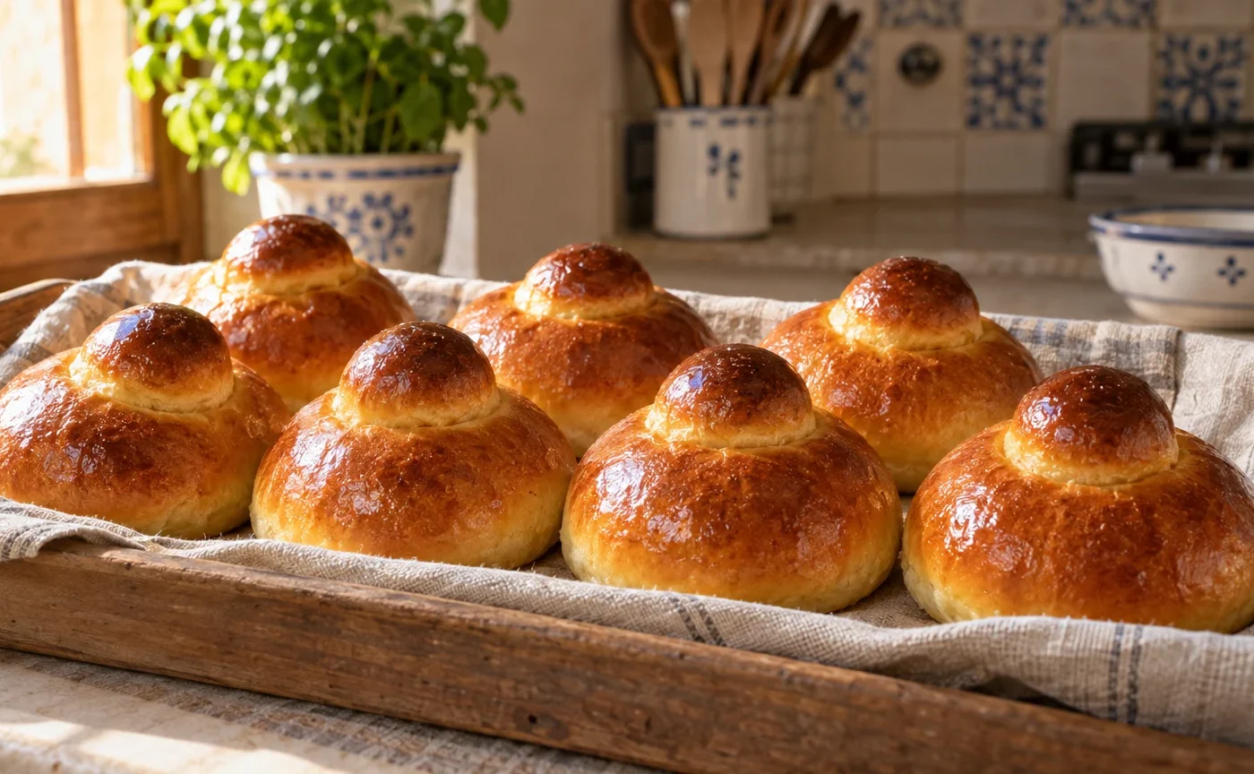 Brioche col tuppo siciliane dorate appena sfornate su vassoio di legno