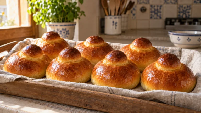 Brioche col tuppo siciliane dorate appena sfornate su vassoio di legno