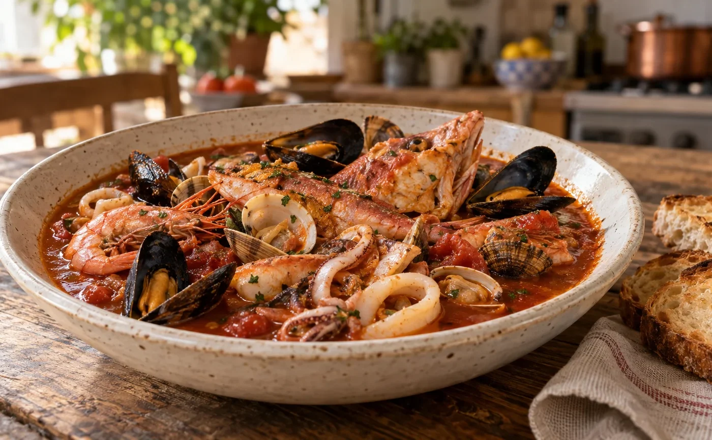Brodetto di pesce marchigiano servito in piatto fondo con pane tostato