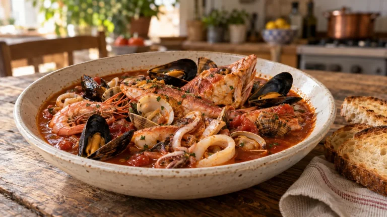 Brodetto di pesce marchigiano servito in piatto fondo con pane tostato