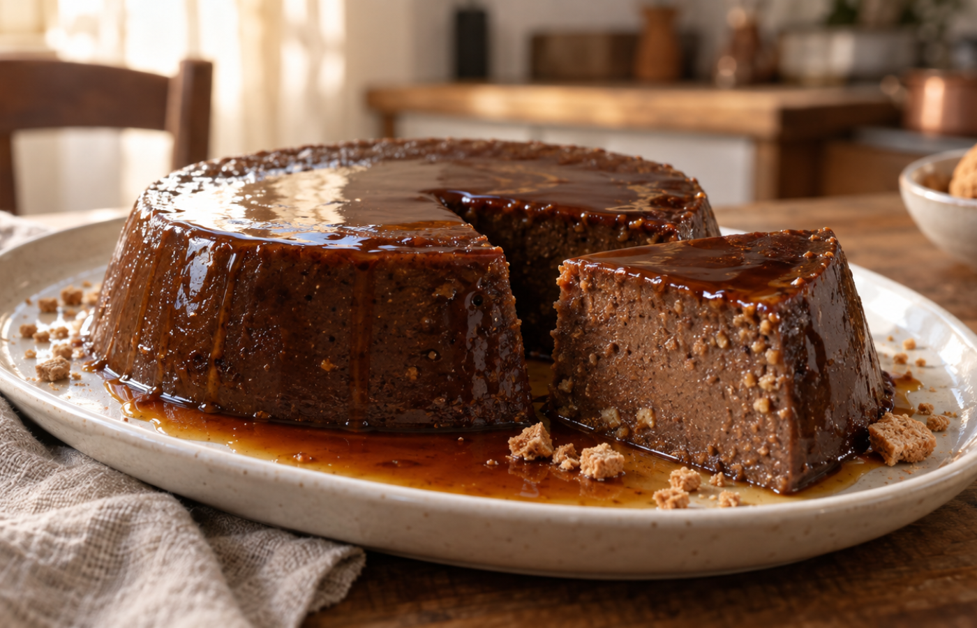Bunet piemontese al cacao e amaretti sformato su piatto con caramello