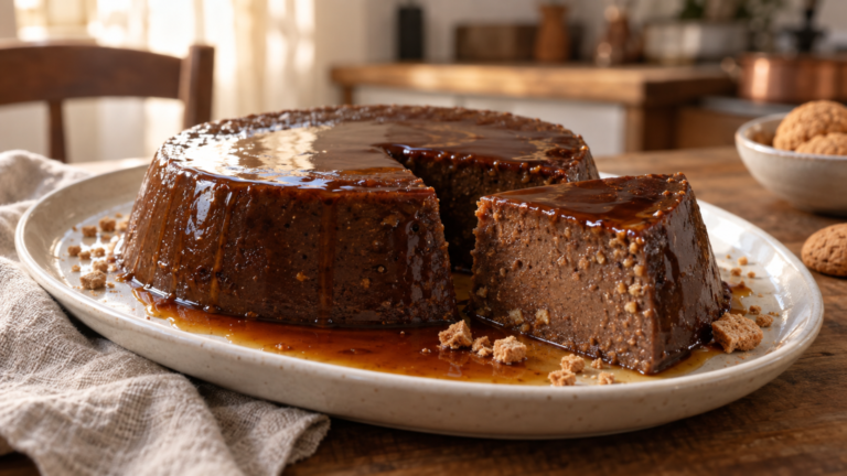 Bunet piemontese al cacao e amaretti sformato su piatto con caramello