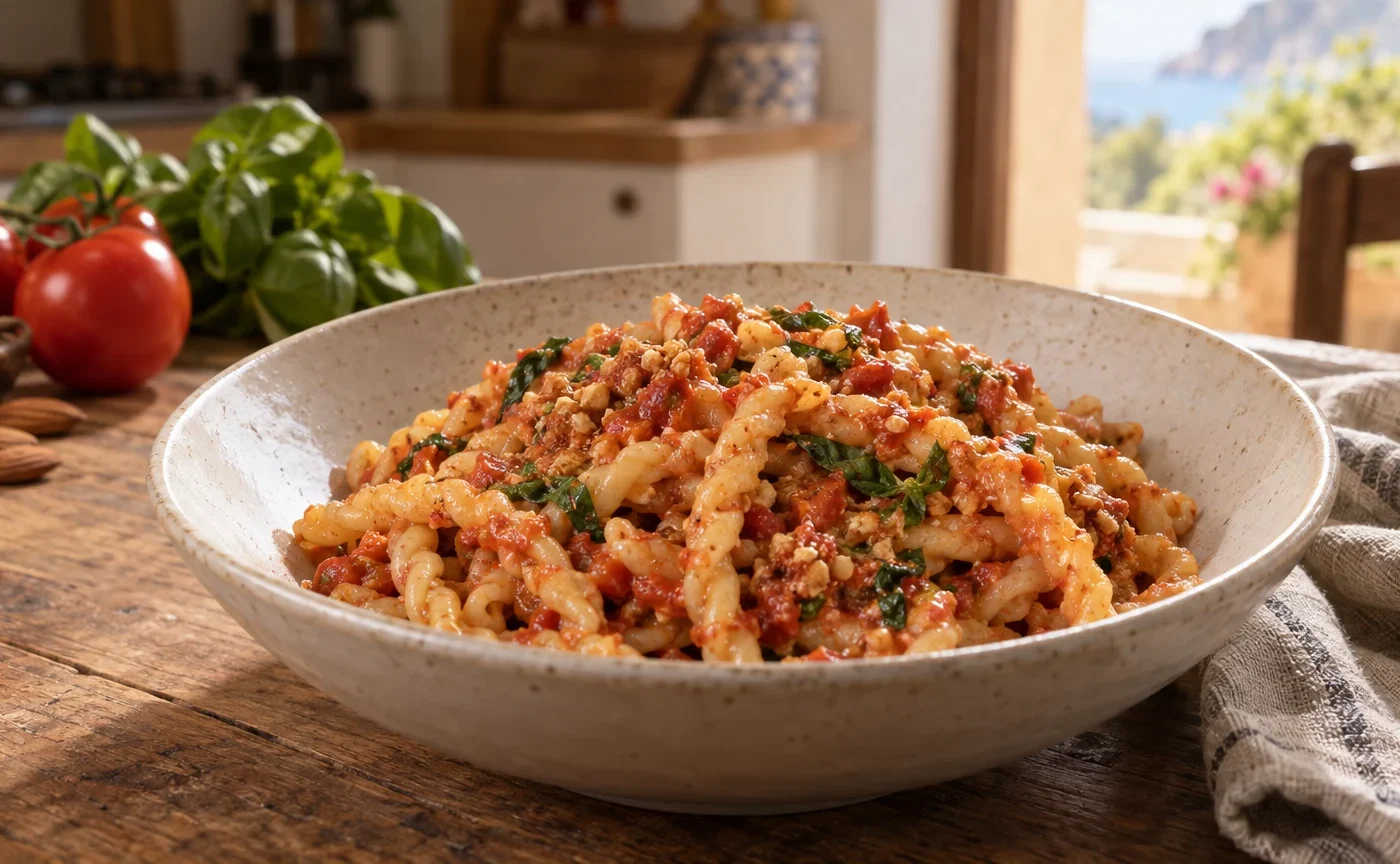 Busiate al pesto trapanese con pomodori, mandorle e basilico