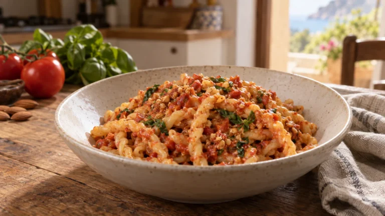 Busiate al pesto trapanese con pomodori, mandorle e basilico