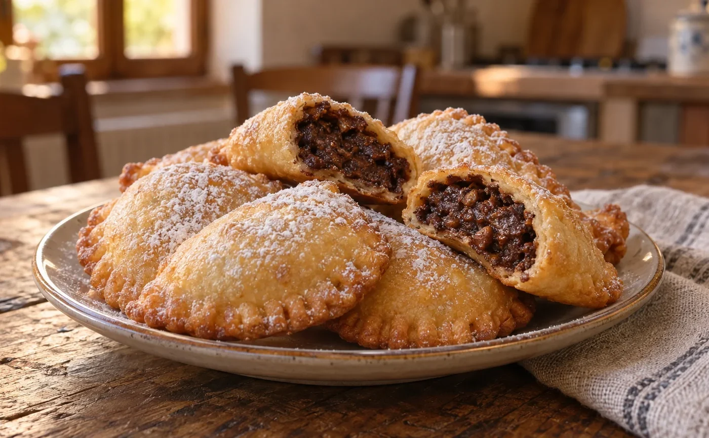 Calzoncelli lucani fritti ripieni di castagne, spolverati con zucchero a velo