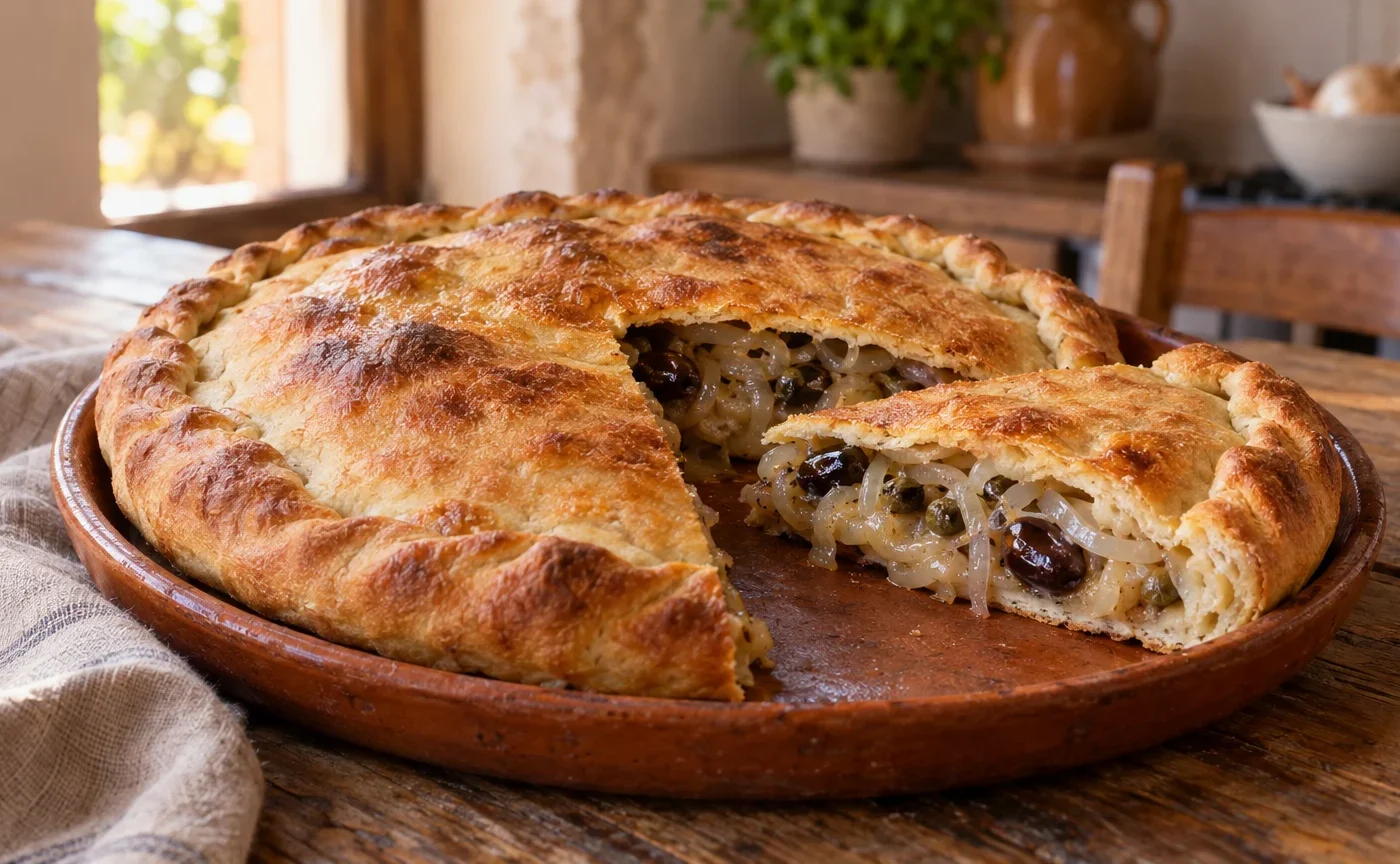 Fetta di calzone di cipolla pugliese con sponsali, olive nere e ripieno visibile
