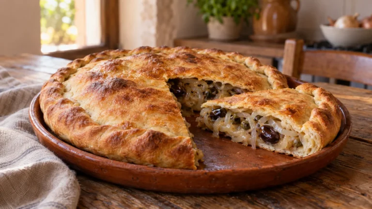 Fetta di calzone di cipolla pugliese con sponsali, olive nere e ripieno visibile