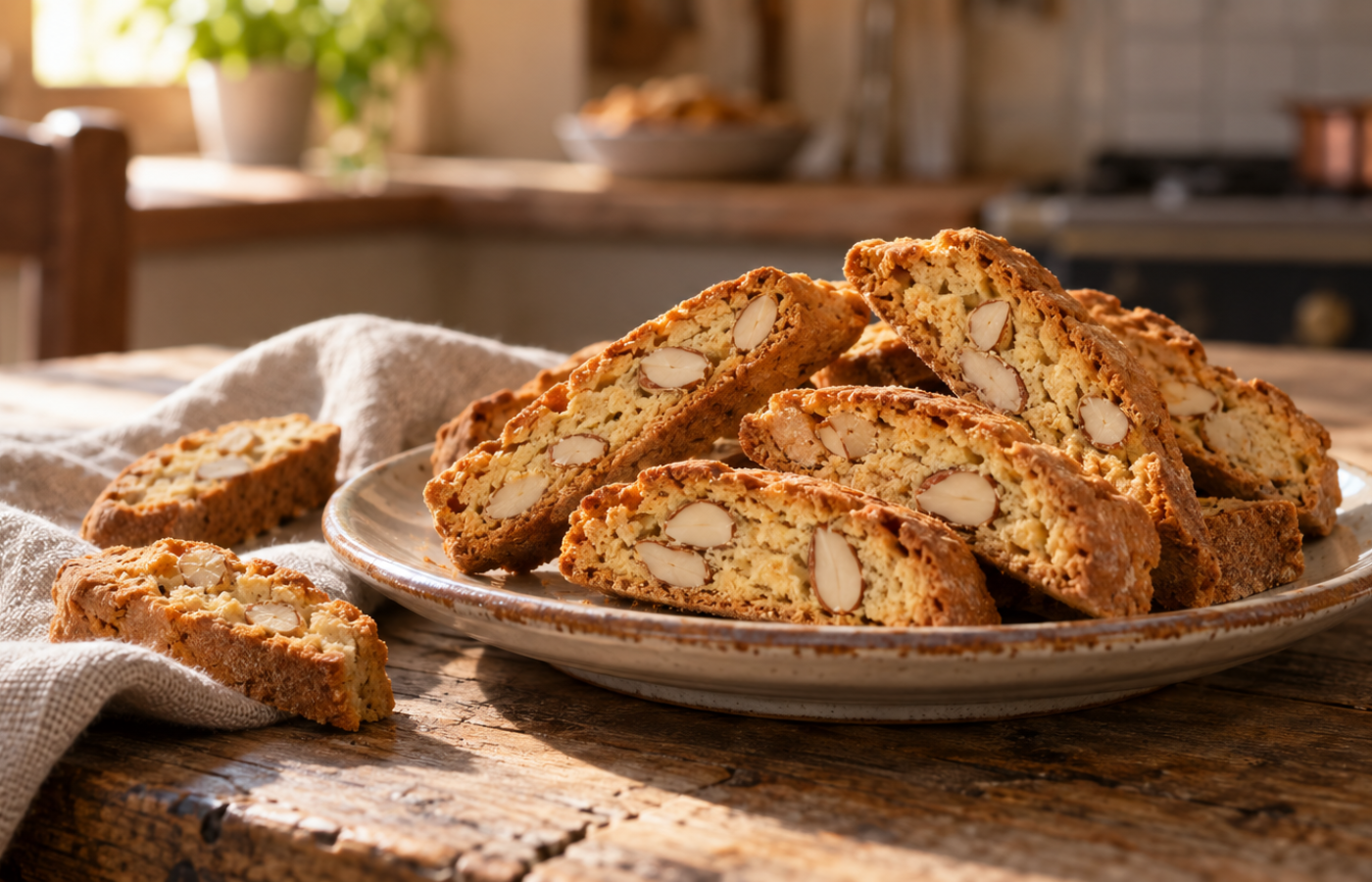 Cantucci toscani alle mandorle disposti su un piatto rustico