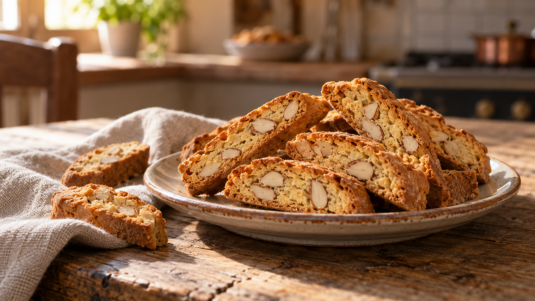 Cantucci toscani alle mandorle disposti su un piatto rustico