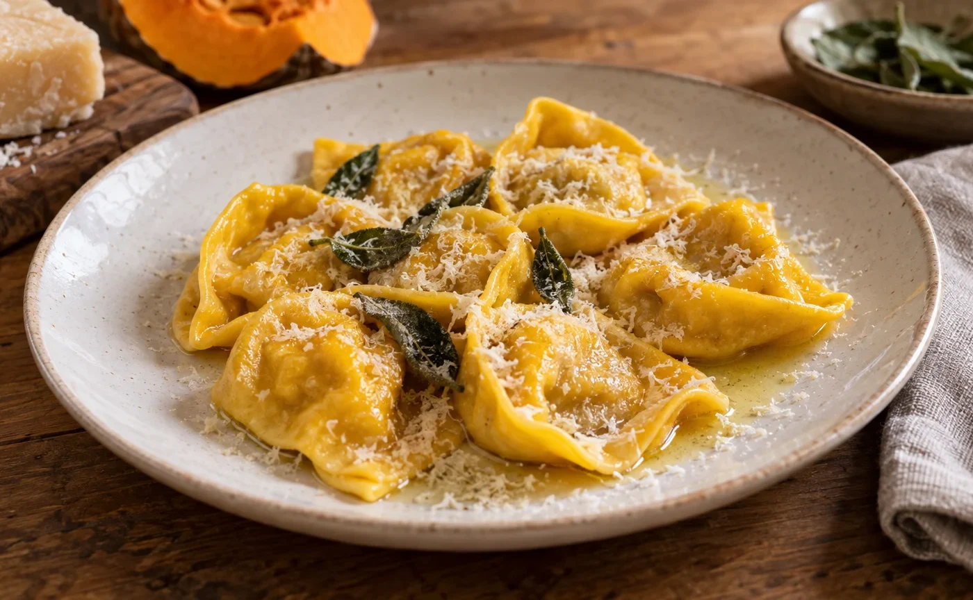 Cappellacci di zucca ferraresi con burro fuso, salvia e Parmigiano Reggiano