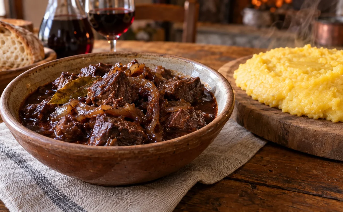 Carbonade valdostana di manzo al vino rosso servita con polenta
