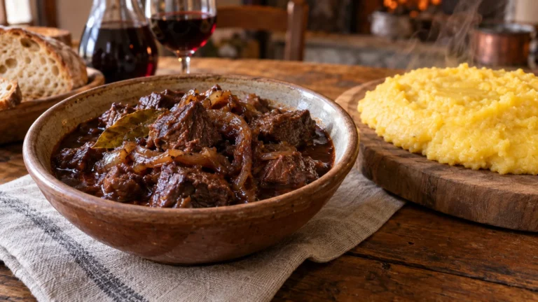 Carbonade valdostana di manzo al vino rosso servita con polenta