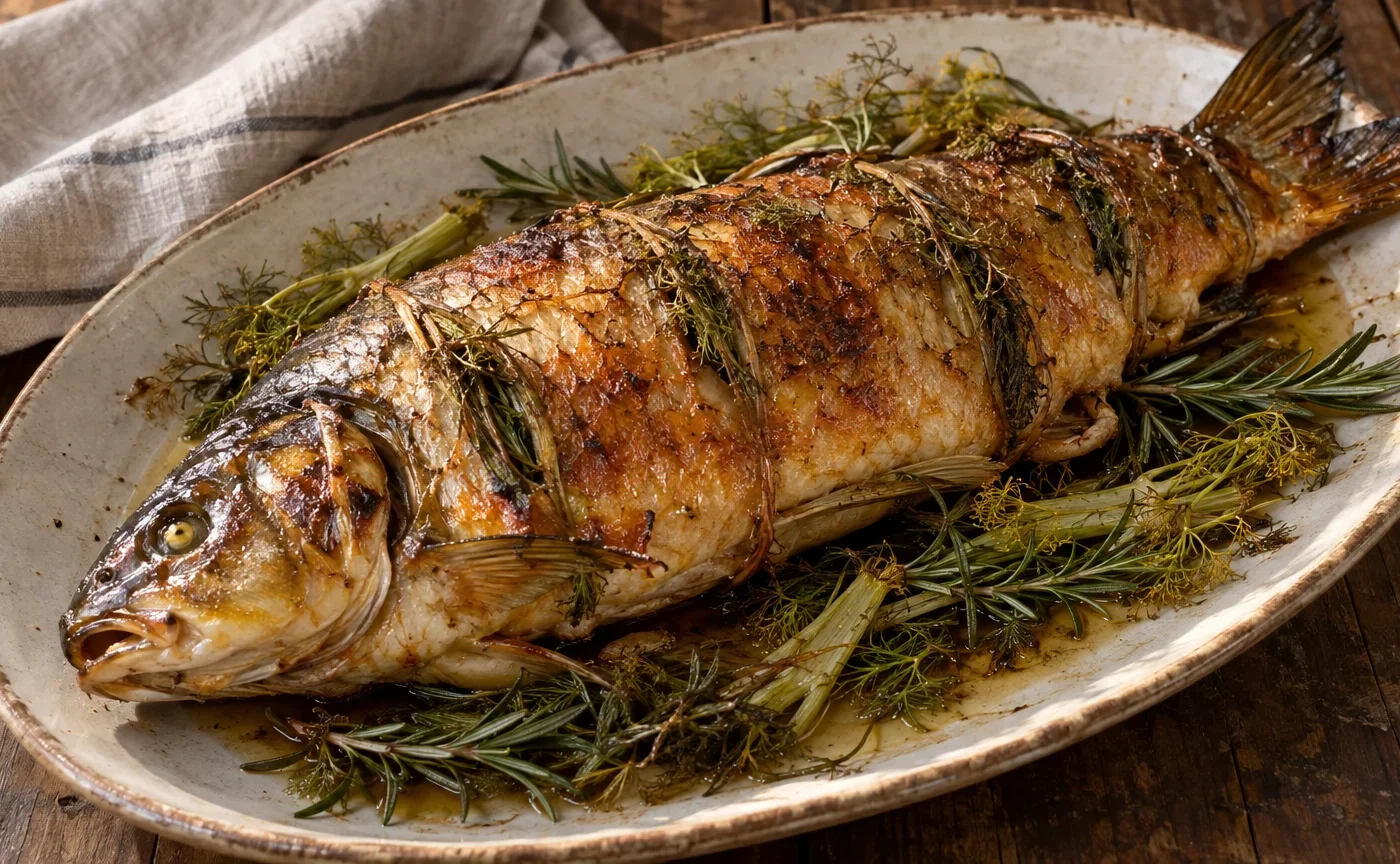 Carpa regina in porchetta cotta al forno con finocchio selvatico e rosmarino