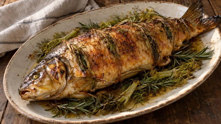 Carpa regina in porchetta cotta al forno con finocchio selvatico e rosmarino