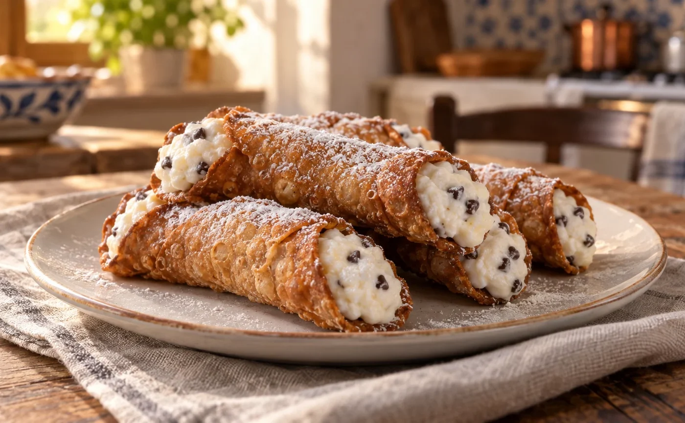 Cartocci siciliani fritti ripieni di crema di ricotta e gocce di cioccolato