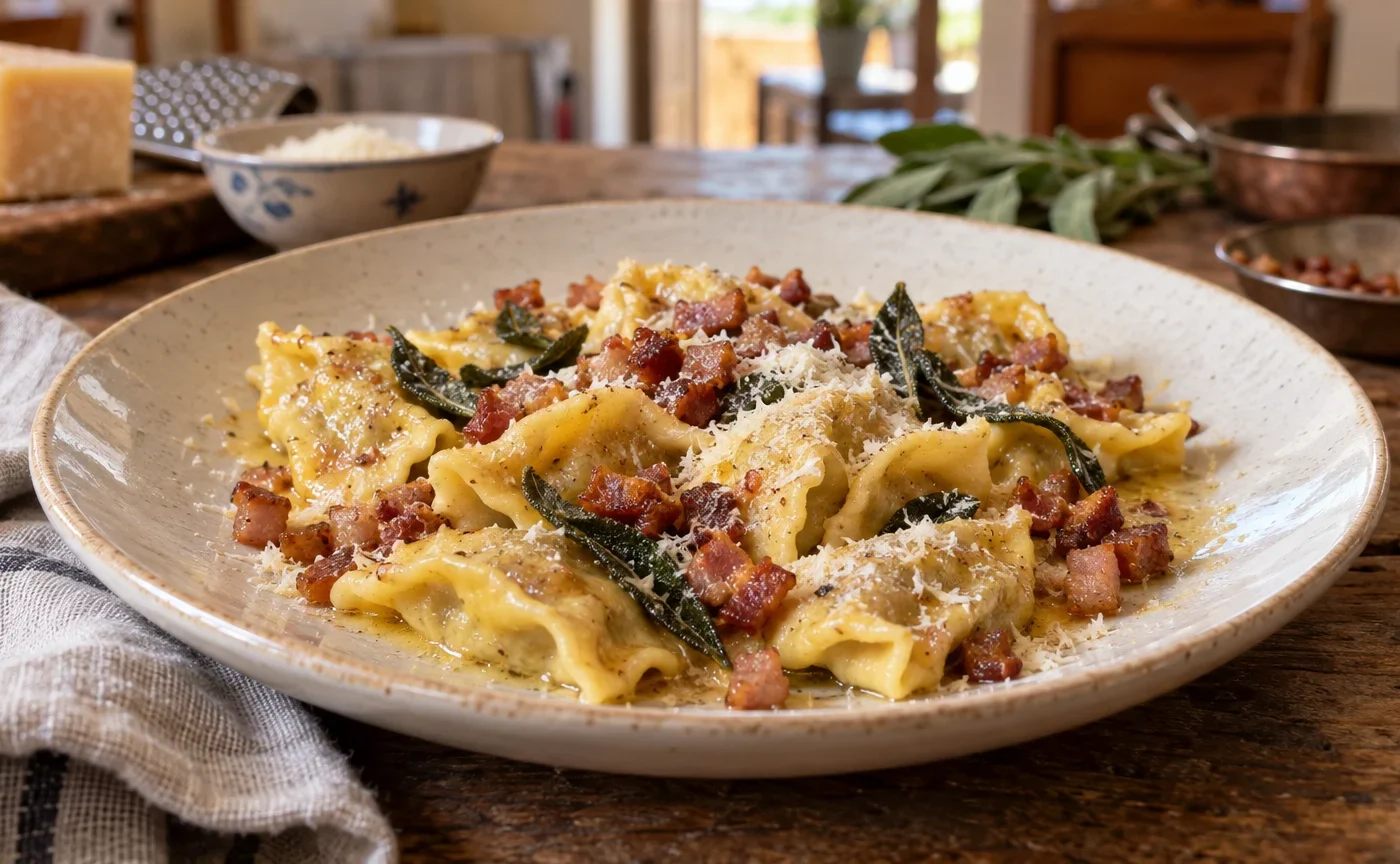 Casoncelli bergamaschi con burro fuso, pancetta croccante, salvia e Grana Padano