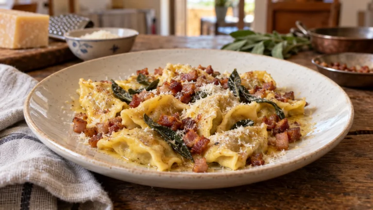 Casoncelli bergamaschi con burro fuso, pancetta croccante, salvia e Grana Padano
