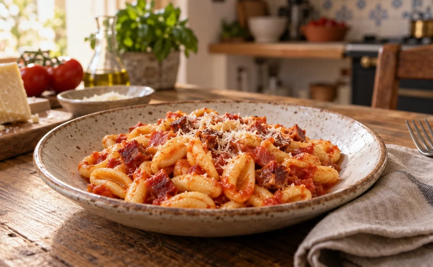Cavatelli freschi con sugo di pomodoro e ventricina molisana, serviti con pecorino