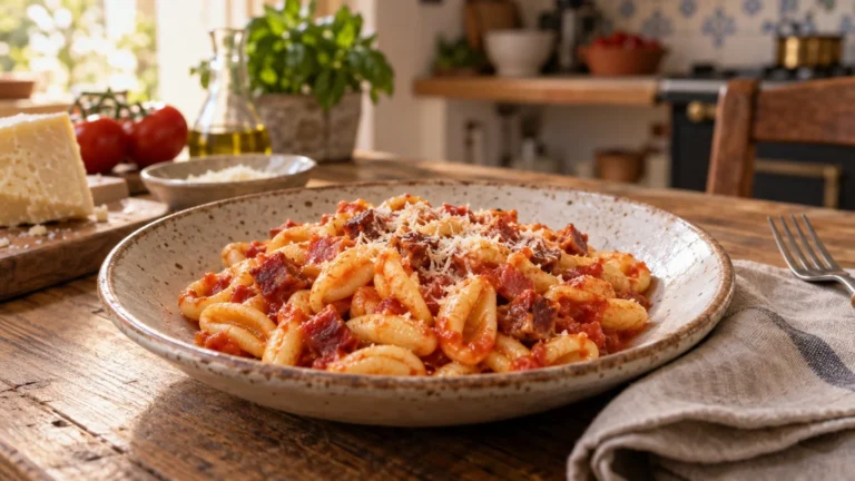 Cavatelli freschi con sugo di pomodoro e ventricina molisana, serviti con pecorino
