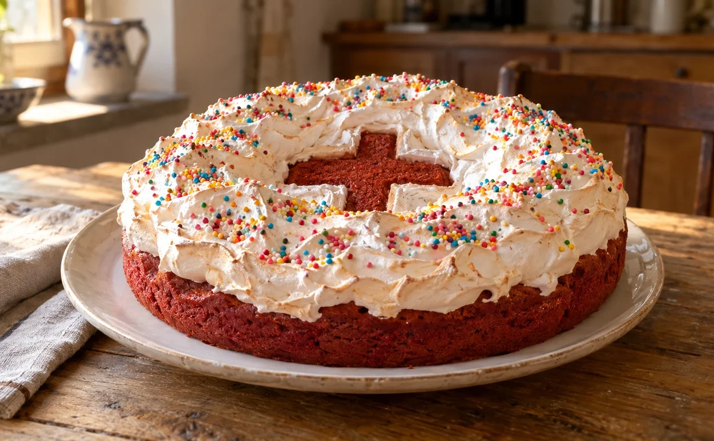 Ciaramicola perugina con impasto rosso all’alchermes, meringa bianca e confettini colorati