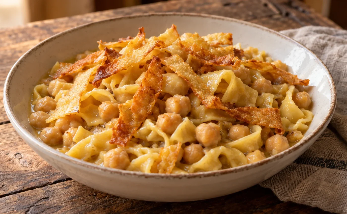 Piatto di ciceri e tria pugliesi con ceci, pasta lessata e strisce di tria fritta