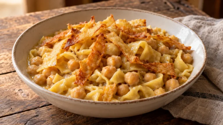 Piatto di ciceri e tria pugliesi con ceci, pasta lessata e strisce di tria fritta