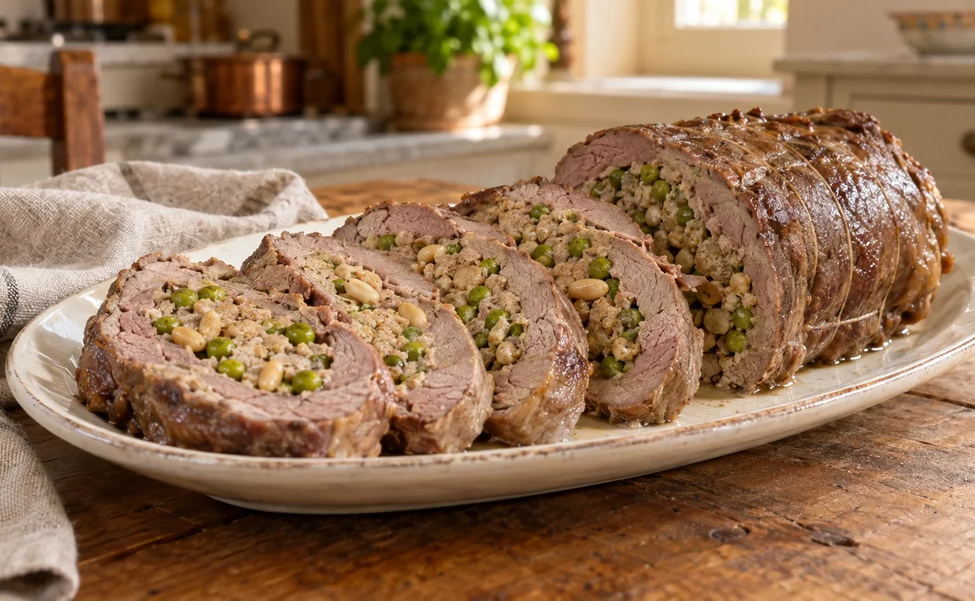 Fette di cima alla genovese con ripieno di carne, piselli e pinoli su vassoio di ceramica