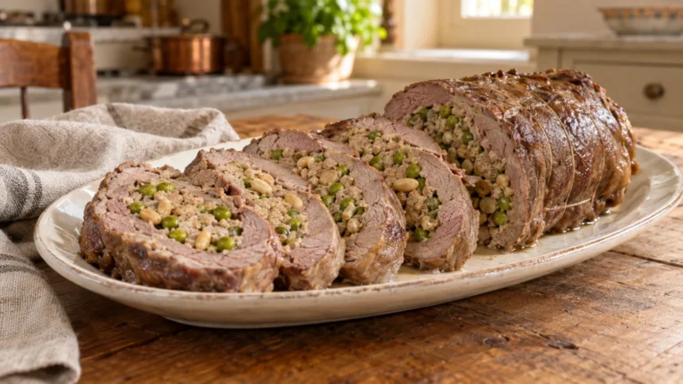 Fette di cima alla genovese con ripieno di carne, piselli e pinoli su vassoio di ceramica