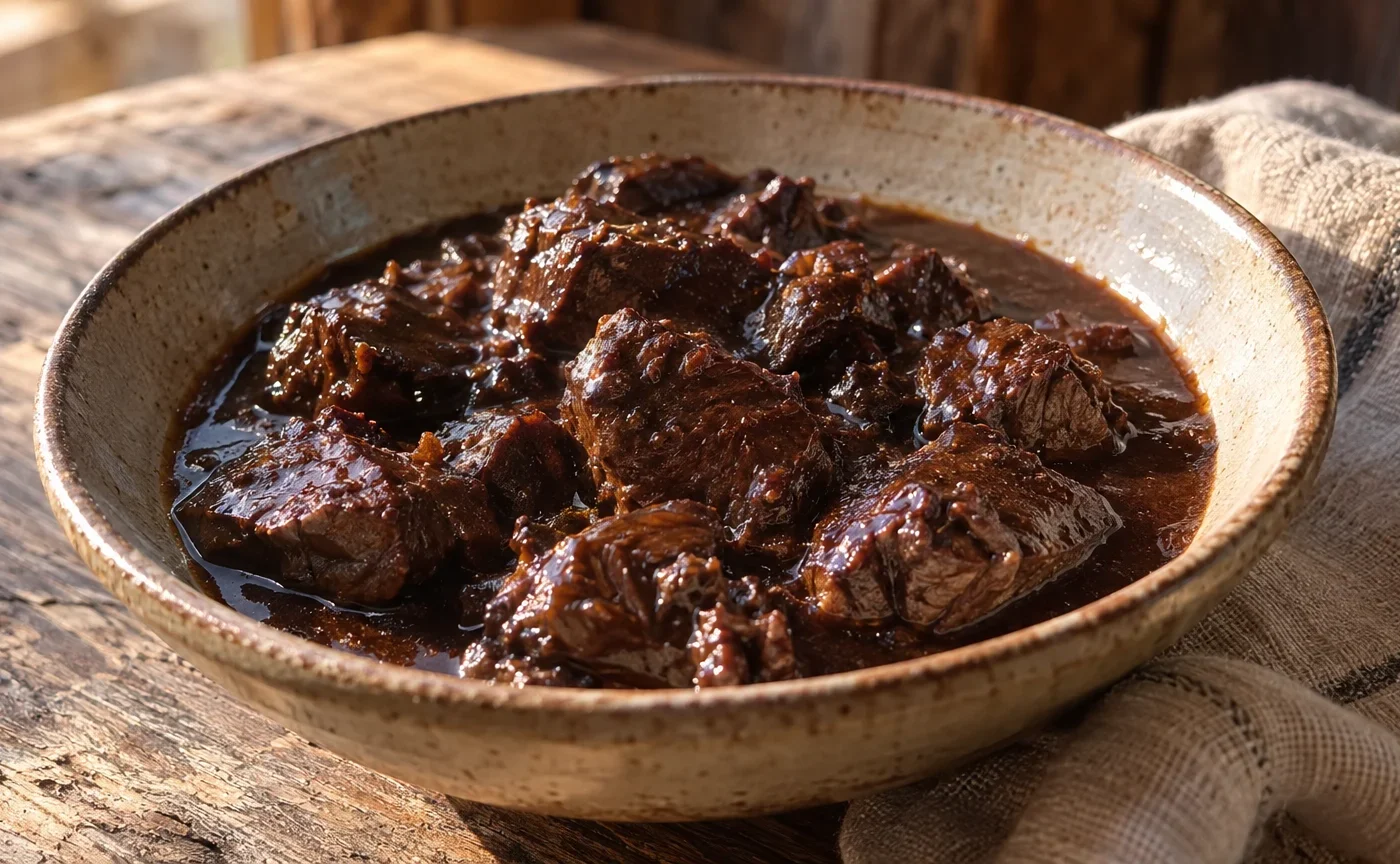 Civet di camoscio valdostano con salsa scura e bocconcini di carne in ciotola rustica