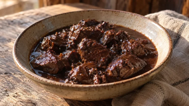 Civet di camoscio valdostano con salsa scura e bocconcini di carne in ciotola rustica