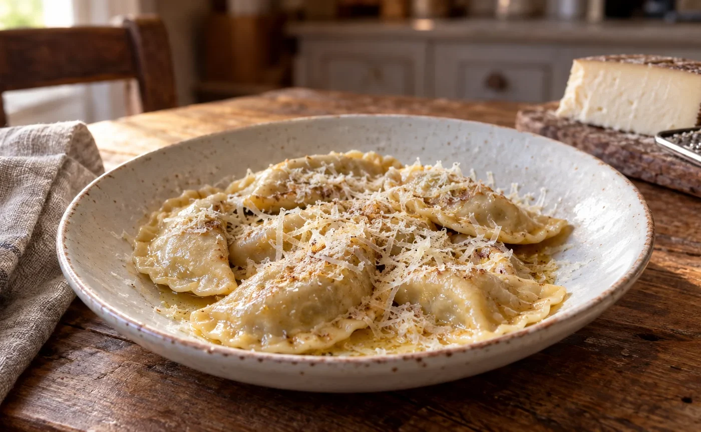 Cjarsons friulani con burro fuso e ricotta affumicata grattugiata