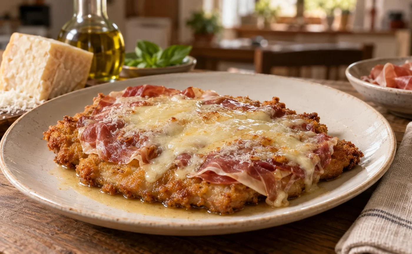 Cotoletta alla bolognese con prosciutto crudo, Parmigiano fuso e fondo di brodo