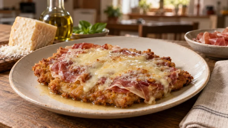 Cotoletta alla bolognese con prosciutto crudo, Parmigiano fuso e fondo di brodo